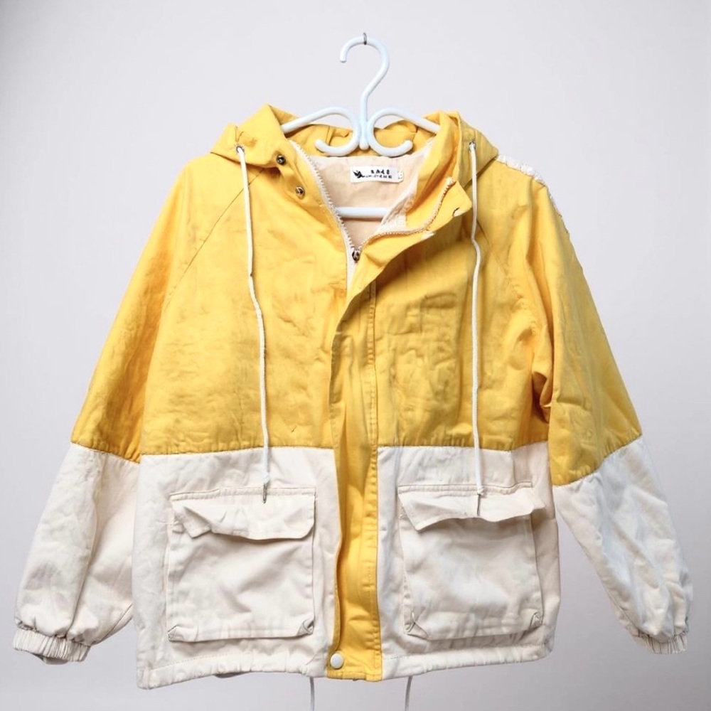 Over Sized Hooded Colorblock Yellow White Windbreaker Jacket Streetwear Size L